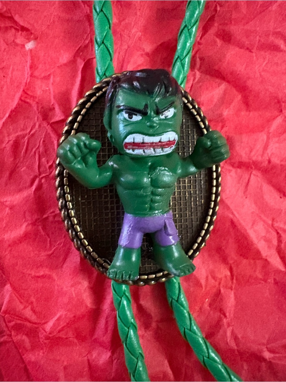 Green Hulk Figure Bolo Tie with Purple Shorts